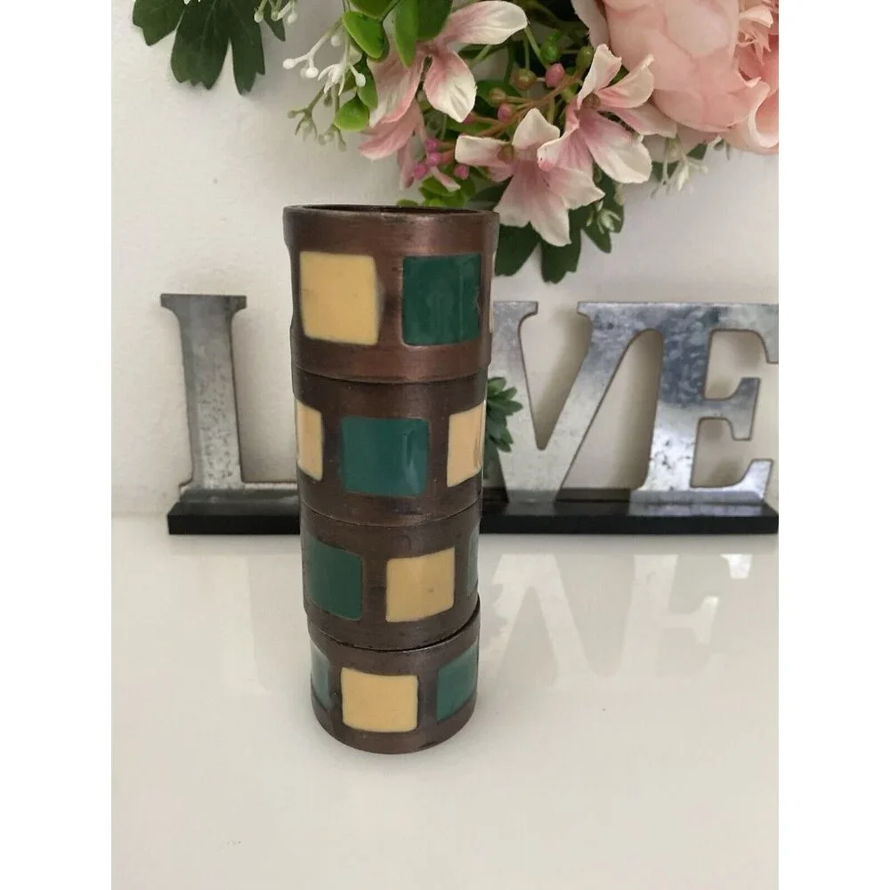 Vintage 1980s Pier 1 Napkin Rings Bronze Green Yellow Inlay‎ Set of 4 Retro EUC